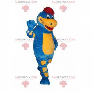 Mascote de dinossauro azul e amarelo com um puff vermelho -
