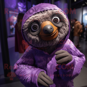 Purple Sloth mascot costume character dressed with a Raincoat and Mittens