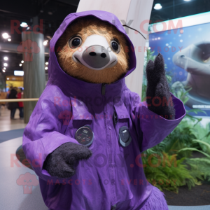 Purple Sloth mascot costume character dressed with a Raincoat and Mittens