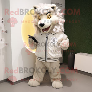 Cream Wolf mascot costume character dressed with a Windbreaker and Clutch bags