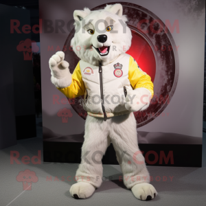 Cream Wolf mascot costume character dressed with a Windbreaker and Clutch bags