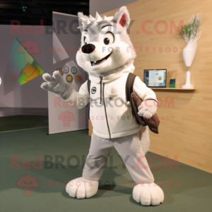 Cream Wolf mascot costume character dressed with a Windbreaker and Clutch bags