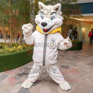 Cream Wolf mascot costume character dressed with a Windbreaker and Clutch bags