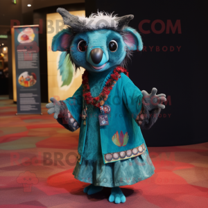 Turquoise Aye-Aye mascot costume character dressed with a A-Line Skirt and Scarves