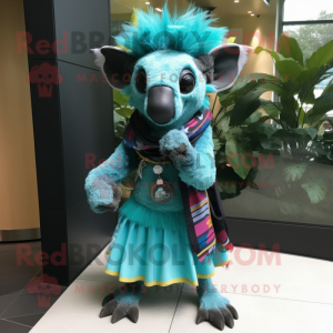 Turquoise Aye-Aye mascot costume character dressed with a A-Line Skirt and Scarves