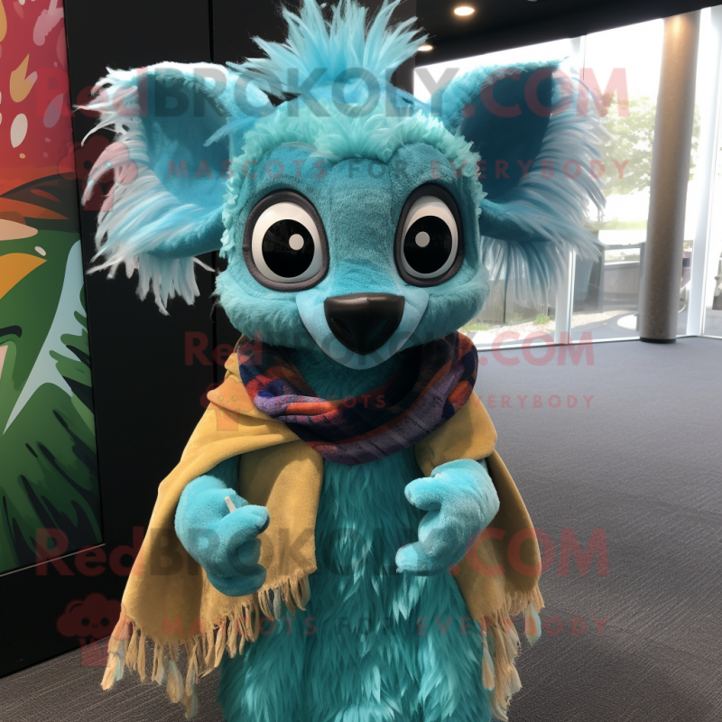 Turquoise Aye-Aye mascot costume character dressed with a A-Line Skirt and Scarves