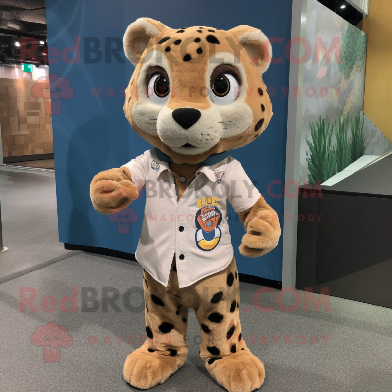 Tan Leopard mascot costume character dressed with a Poplin Shirt and Brooches