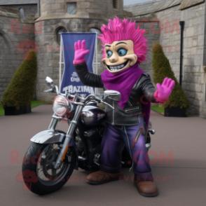 Magenta Irish Castle mascot costume character dressed with a Biker Jacket and Wraps