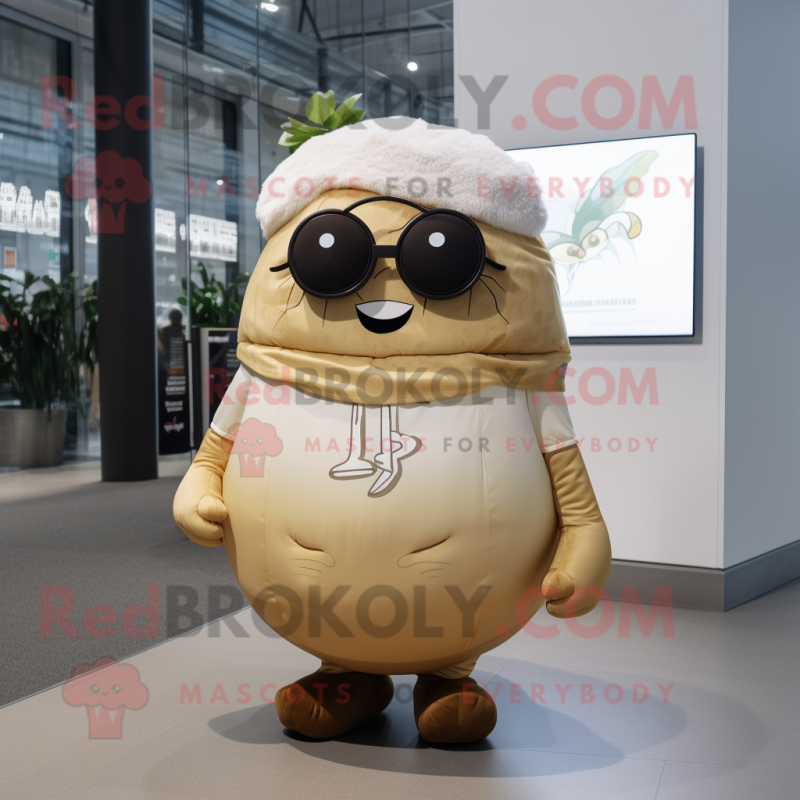 Beige Potato mascot costume character dressed with a Vest and Eyeglasses