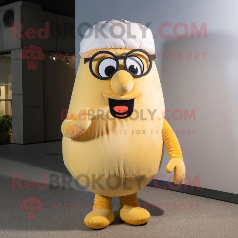 Beige Potato mascot costume character dressed with a Vest and Eyeglasses