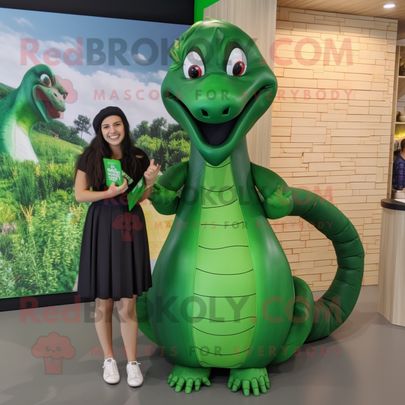 Forest Green Hydra mascot costume character dressed with a Skirt and Watches Forest Green Hydra mascot costume character dressed with a Skirt and Watches