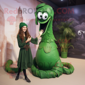 Forest Green Hydra mascot costume character dressed with a Skirt and Watches