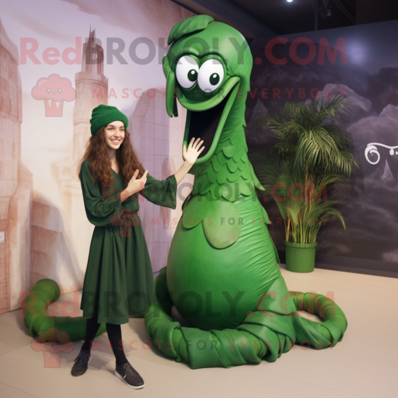 Forest Green Hydra mascot costume character dressed with a Skirt and Watches Forest Green Hydra mascot costume character dressed with a Skirt and Watches