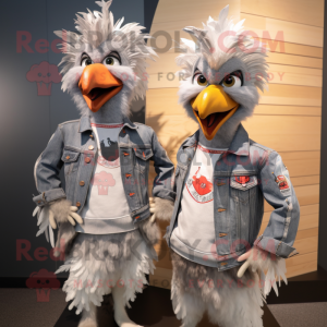 Silver Roosters mascot costume character dressed with a Boyfriend Jeans and Wraps