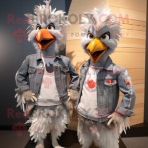 Silver Roosters mascot costume character dressed with a Boyfriend Jeans and Wraps