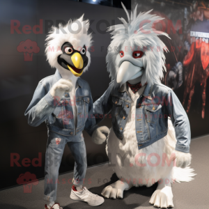 Silver Roosters mascot costume character dressed with a Boyfriend Jeans and Wraps
