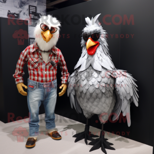 Silver Roosters mascot costume character dressed with a Boyfriend Jeans and Wraps