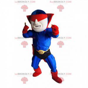 Mascota de superhéroe enmascarado en azul y rojo -