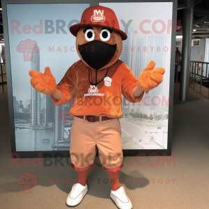 Rust Jambalaya mascot costume character dressed with a Shorts and Hat pins