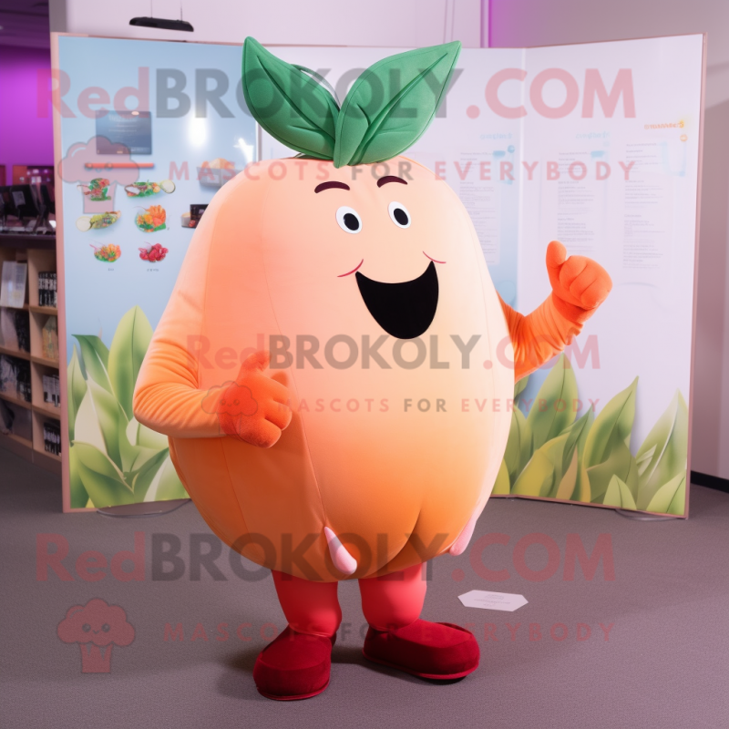 Peach Beet mascot costume character dressed with a Leggings and Tie pins Peach Beet mascot costume character dressed with a Leggings and Tie pins