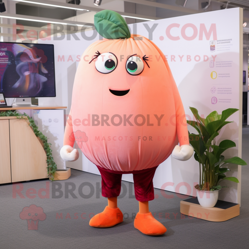 Peach Beet mascot costume character dressed with a Leggings and Tie pins Peach Beet mascot costume character dressed with a Leggings and Tie pins