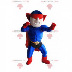 Mascota de superhéroe enmascarado en azul y rojo -