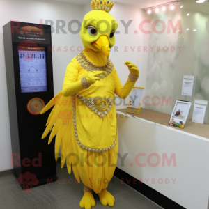 Lemon Yellow Tandoori Chicken mascot costume character dressed with a Empire Waist Dress and Digital watches