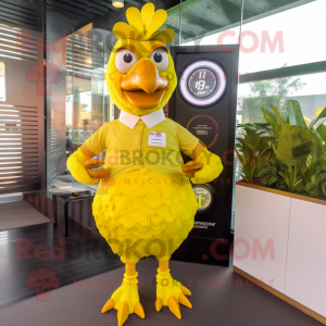 Lemon Yellow Tandoori Chicken mascot costume character dressed with a Empire Waist Dress and Digital watches