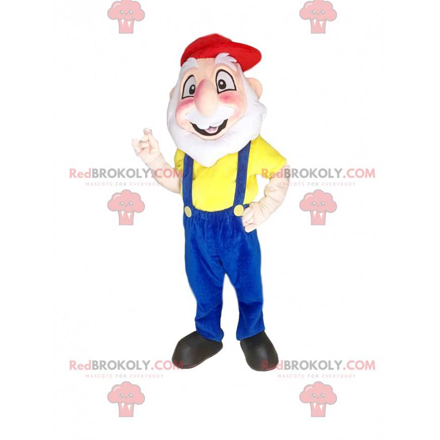 Mascota del hombre barbudo con un mono azul y una gorra -
