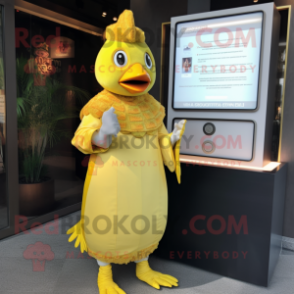 Lemon Yellow Tandoori Chicken mascot costume character dressed with a Empire Waist Dress and Digital watches
