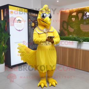 Lemon Yellow Tandoori Chicken mascot costume character dressed with a Empire Waist Dress and Digital watches