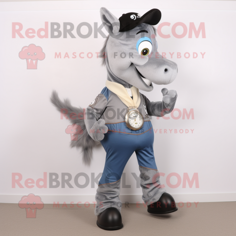 Gray Horseshoe mascot costume character dressed with a Jeans and Digital watches Gray Horseshoe mascot costume character dressed with a Jeans and Digital watches