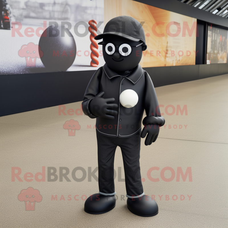 Black Petanque Ball mascot costume character dressed with a Jeggings and Reading glasses Black Petanque Ball mascot costume character dressed with a Jeggings and Reading glasses