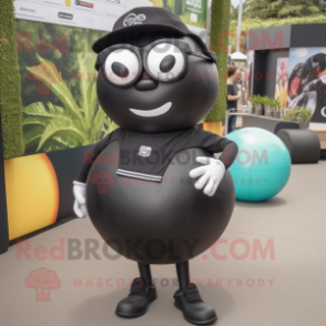 Black Petanque Ball mascot costume character dressed with a Jeggings and Reading glasses