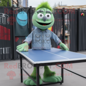 Green Ping Pong Table mascot costume character dressed with a Denim Shirt and Clutch bags