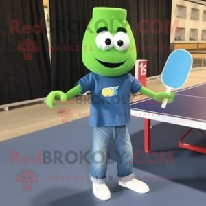 Green Ping Pong Table mascot costume character dressed with a Denim Shirt and Clutch bags
