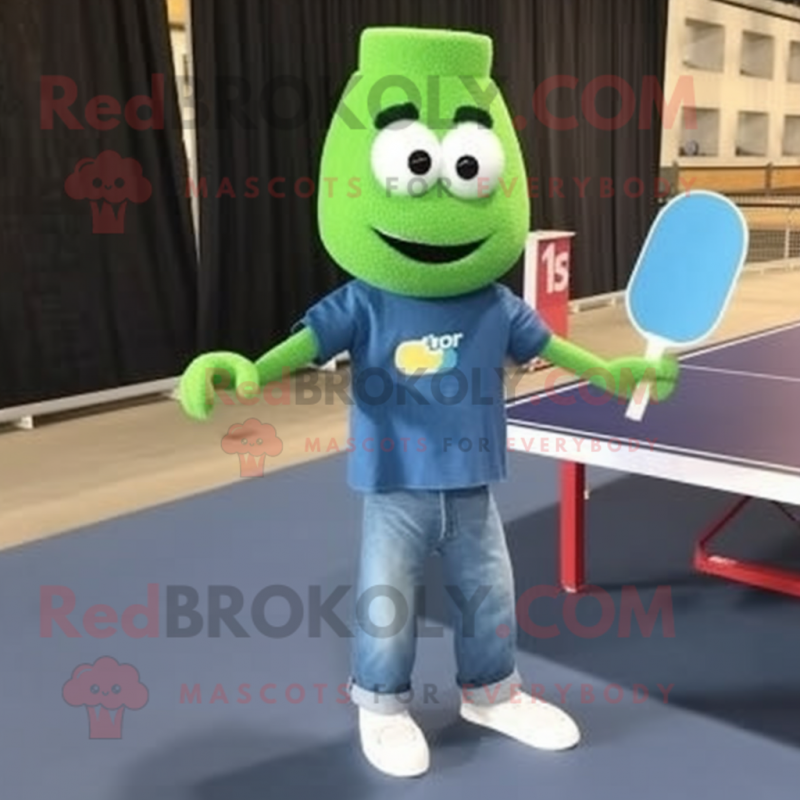 Green Ping Pong Table mascot costume character dressed with a Denim Shirt and Clutch bags