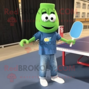 Green Ping Pong Table mascot costume character dressed with a Denim Shirt and Clutch bags