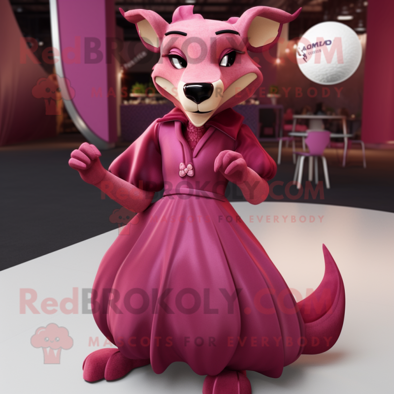 Magenta Thylacosmilus mascot costume character dressed with a Ball Gown and Pocket squares