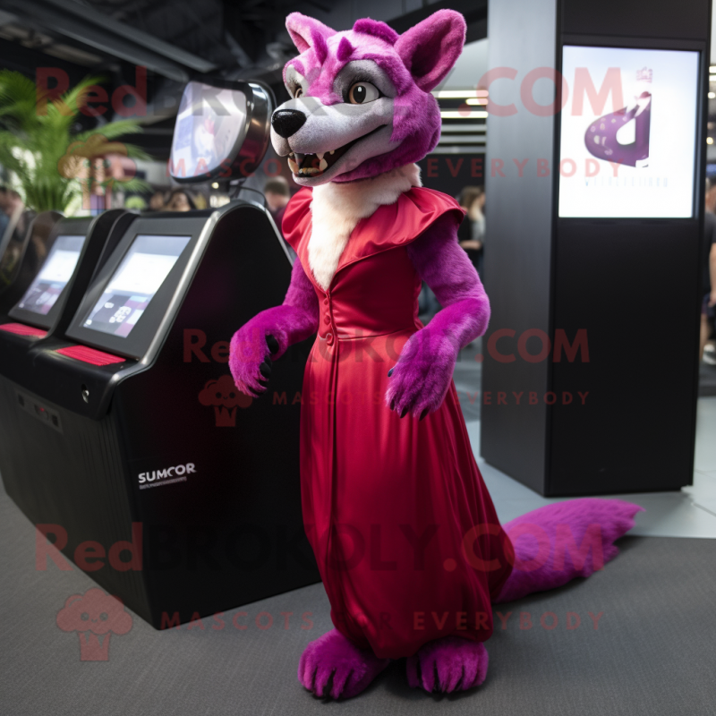 Magenta Thylacosmilus mascot costume character dressed with a Ball Gown and Pocket squares