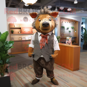 Rust Wild Boar mascot costume character dressed with a Dress Shirt and Ties