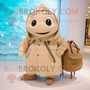 Beige Stingray mascot costume character dressed with a Parka and Handbags