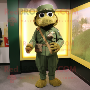 Gold Green Beret mascot costume character dressed with a Trousers and Shawl pins