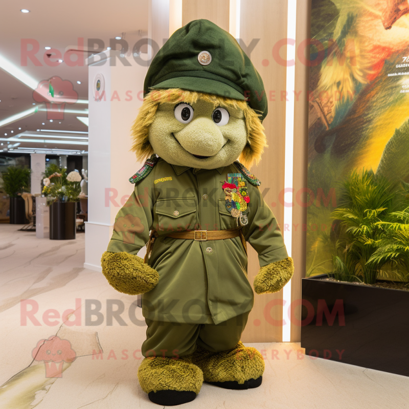 Gold Green Beret mascot costume character dressed with a Trousers and Shawl pins Gold Green Beret mascot costume character dressed with a Trousers and Shawl pins