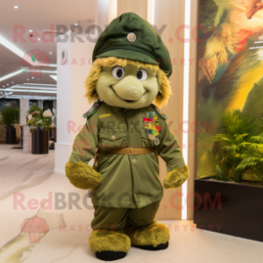 Gold Green Beret mascot costume character dressed with a Trousers and Shawl pins