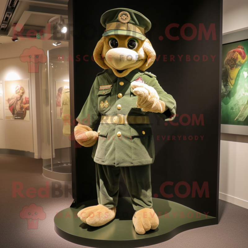Gold Green Beret mascot costume character dressed with a Trousers and Shawl pins Gold Green Beret mascot costume character dressed with a Trousers and Shawl pins