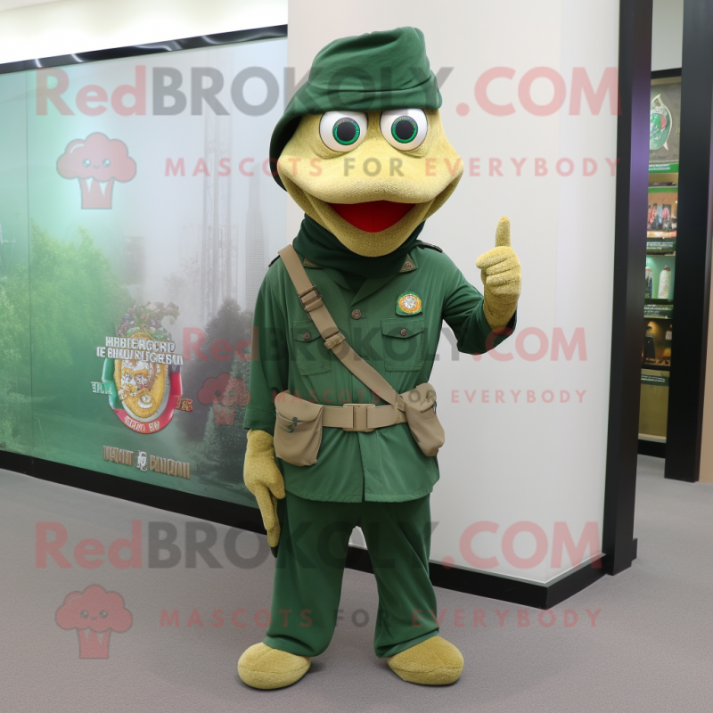 Gold Green Beret mascot costume character dressed with a Trousers and Shawl pins