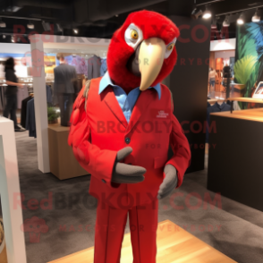 Red Macaw mascot costume character dressed with a Dress Shirt and Cufflinks