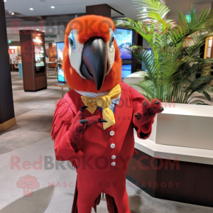 Red Macaw mascot costume character dressed with a Dress Shirt and Cufflinks