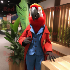 Red Macaw mascot costume character dressed with a Dress Shirt and Cufflinks